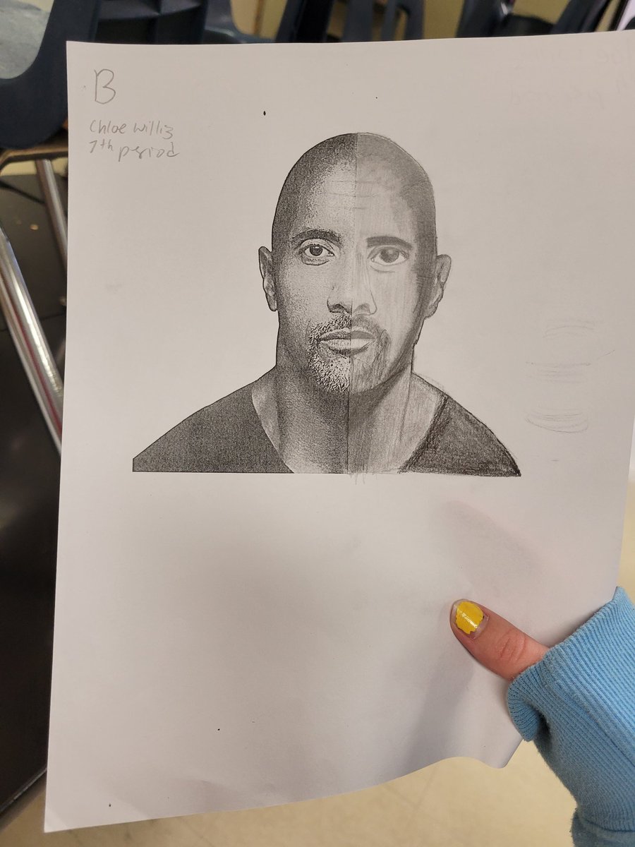 jesswillis83's tweet photo. @TheRock check out my 7th grader's first attempt at a real life portrait! She is self-taught and had a blast completing your face 😁 https://t.co/FmPDAAv259