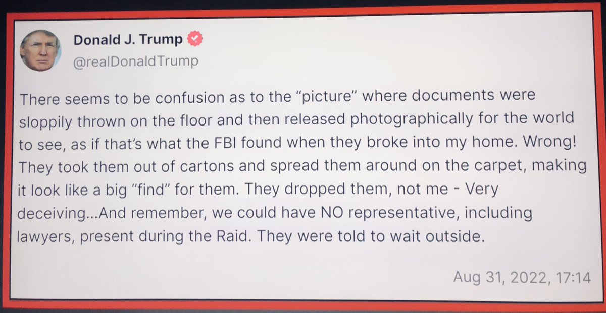 GregBettsOhio's tweet photo. So … I guess he’s no longer denying he illegally had these National Security secrets or claiming that they were “planted” by the FBI….
Is it just me or did he just essentially say, “Yeah, I had them the whole time, but I’m not that messy?” Not a great defense Don….
#LockHimUp https://t.co/B81B8Zosbf