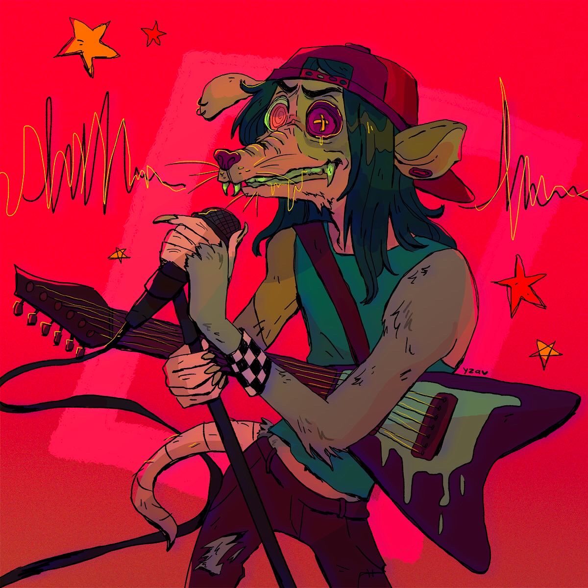 yzagart's tweet photo. new werecreature oc! (Kendal)
⚡️ lead singer/guitarist of a punk/screamo band
⚡️ gets anxiety and migraines on tours leading up to a full moon
⚡️ screaming helps keep his intense transformation under control
⚡️he’s got a squeaky voice hehe (think pierce the veil or the used) https://t.co/tgoPPRvZdd