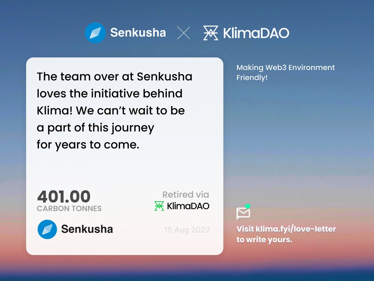Using Klima Infinity, the @senkusha_nft team estimated their future carbon emissions from operations, and ensured that their business will remain carbon neutral as it continues scales up.

Check out their Pledge Dashboard at: klima.fyi/senkusha-pledge