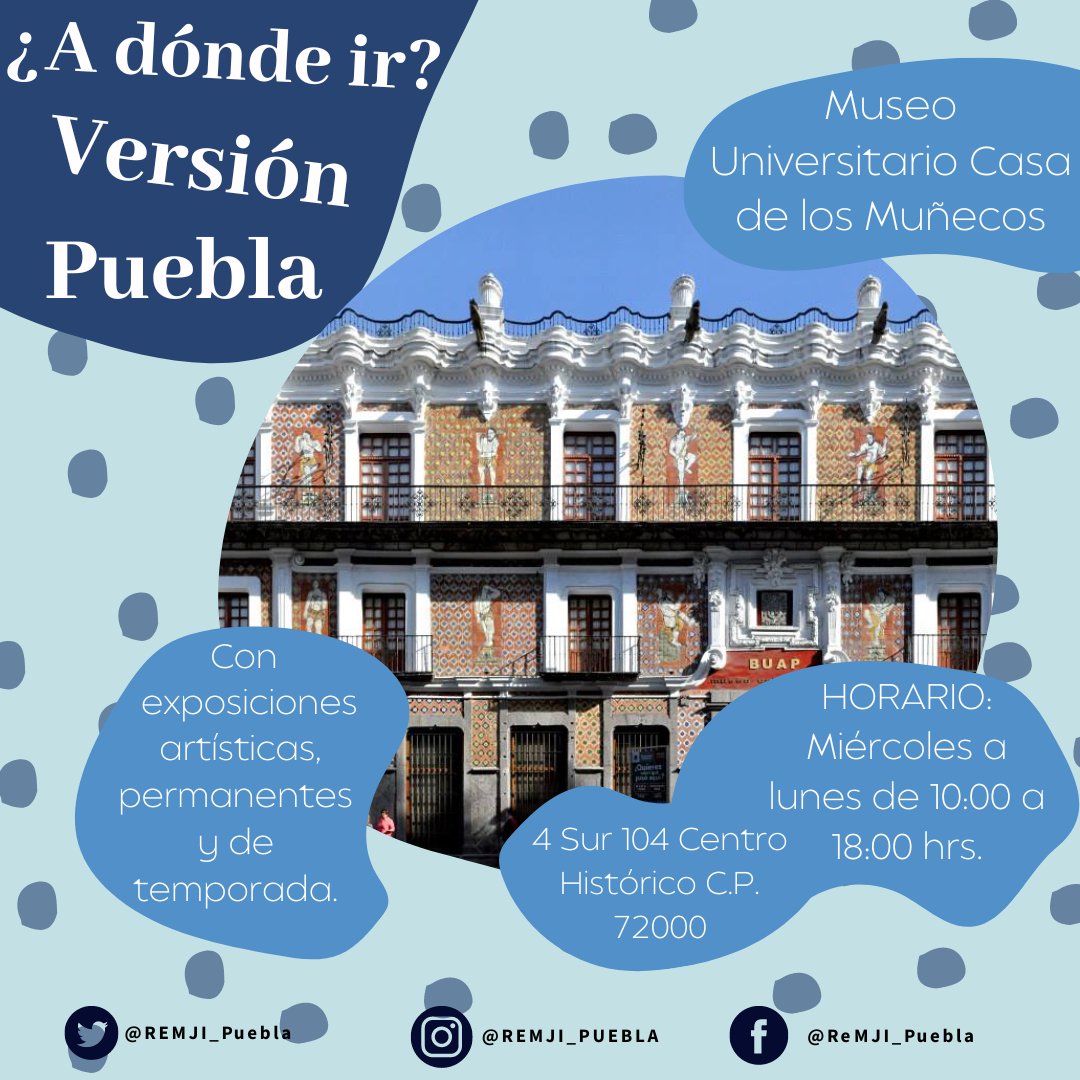 ReMJI_Puebla's tweet photo. El Museo Universitario Casa de Los Muñecos es una excelente opción para pasar el fin de semana y conocer un poco más sobre historia. Además, los miércoles tienen entrada libre.
¡No te pierdas esta gran oportunidad!
#SomosReMJI #ReMJI #Puebla #PueblaCity #SedeRegional #work https://t.co/AnOZ5p0rn8
