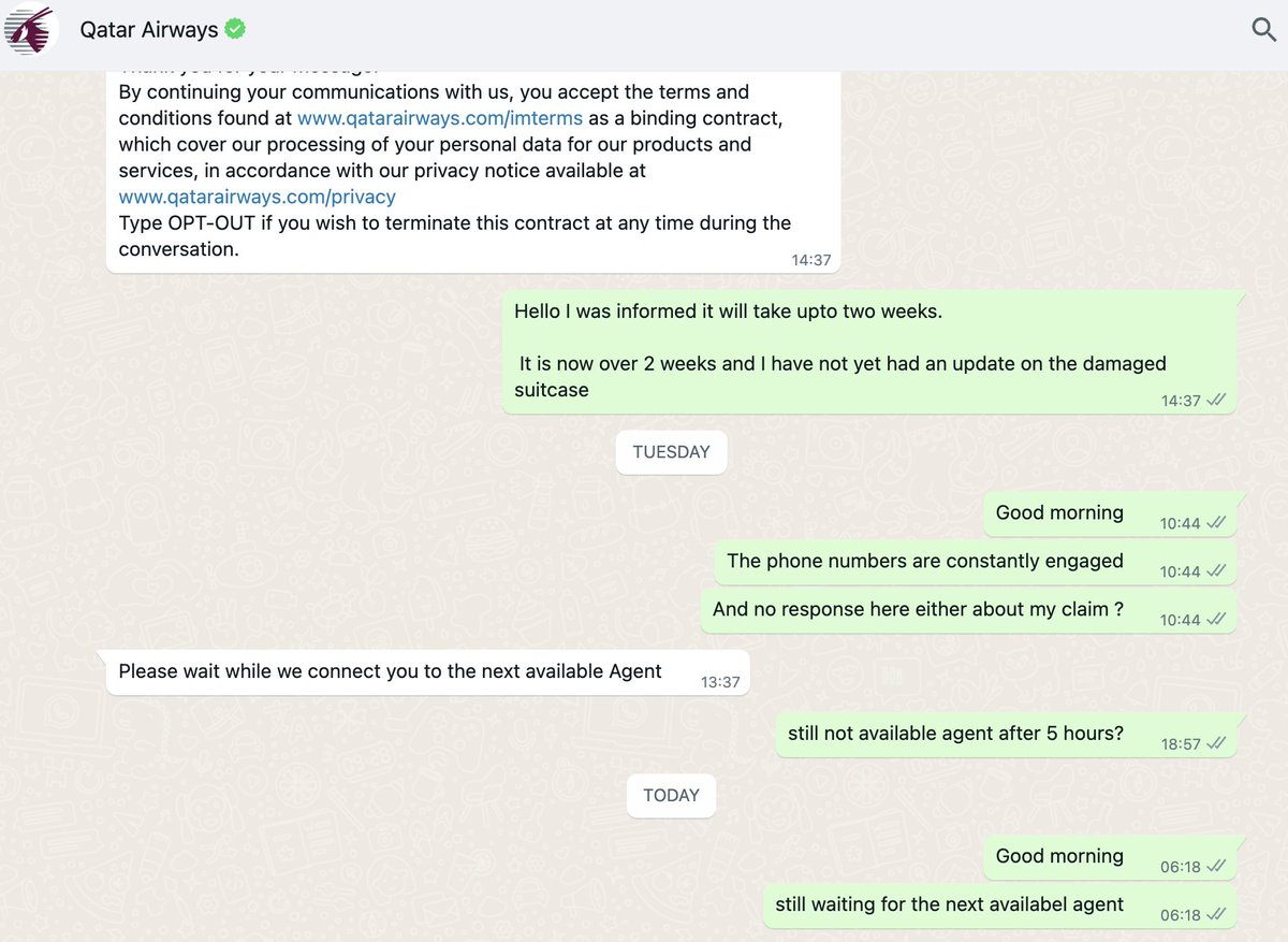 mosameer83's tweet photo. @qrsupport It has been 3 weeks since I reported my damaged baggage. I have been trying to contact the relevant department by phone - always engaged. Tried whatsapp and since Monday I am waiting for the next available agent..?! https://t.co/KOZ1SmgRAZ