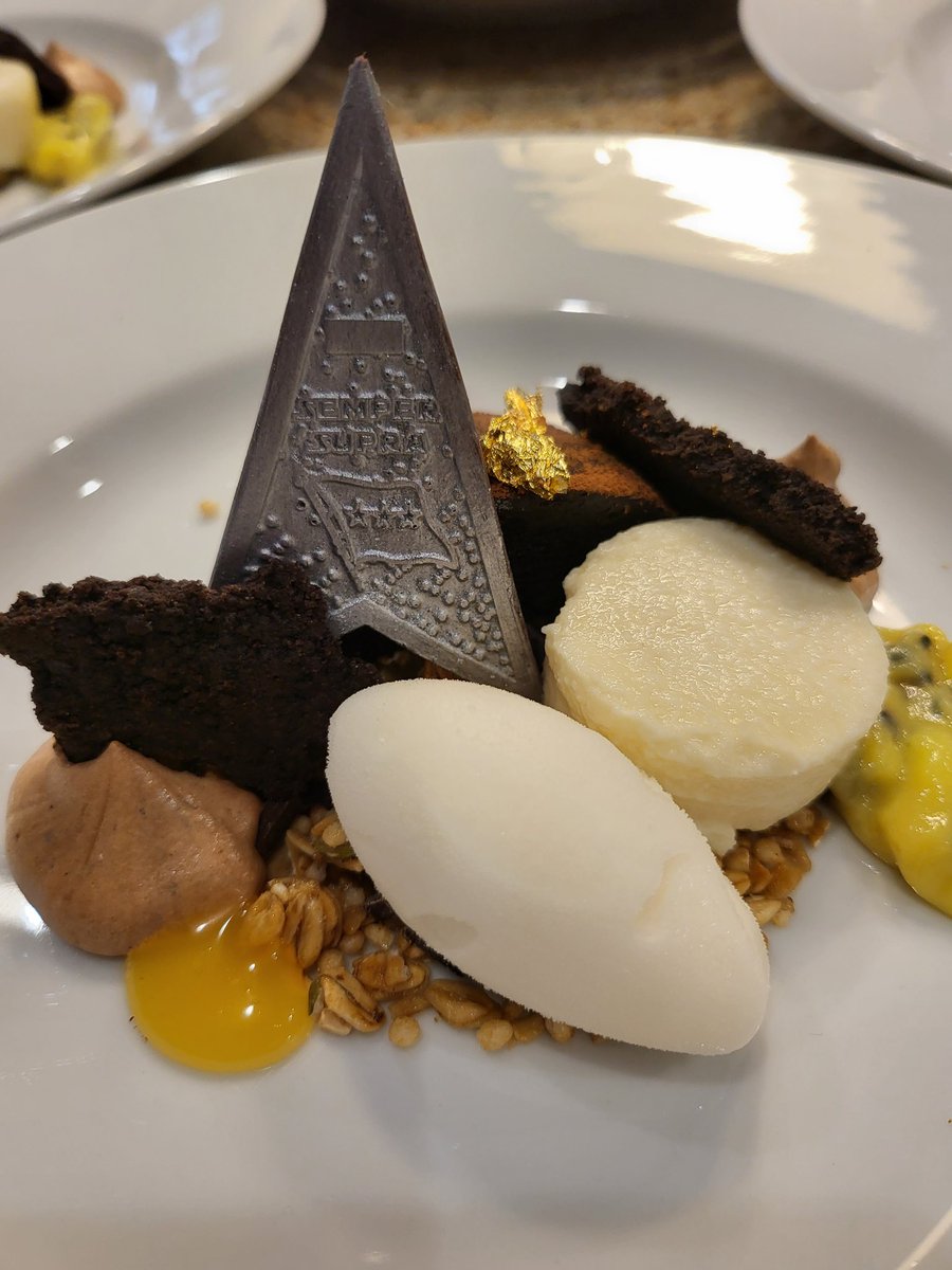 ChefShifty0121's tweet photo. This was a fun dessert - took my boss's challenge coin and made chocolate coins for the dessert. 
Chocolate Fudge Cake with Lemon Sorbet, Marscapone Panna Cotta, Chocolate Mousse and Black Sesame Lemon Pudding. 🍋 
#chef #food #dessert #usspacecommand https://t.co/OKHG4Kgtsm