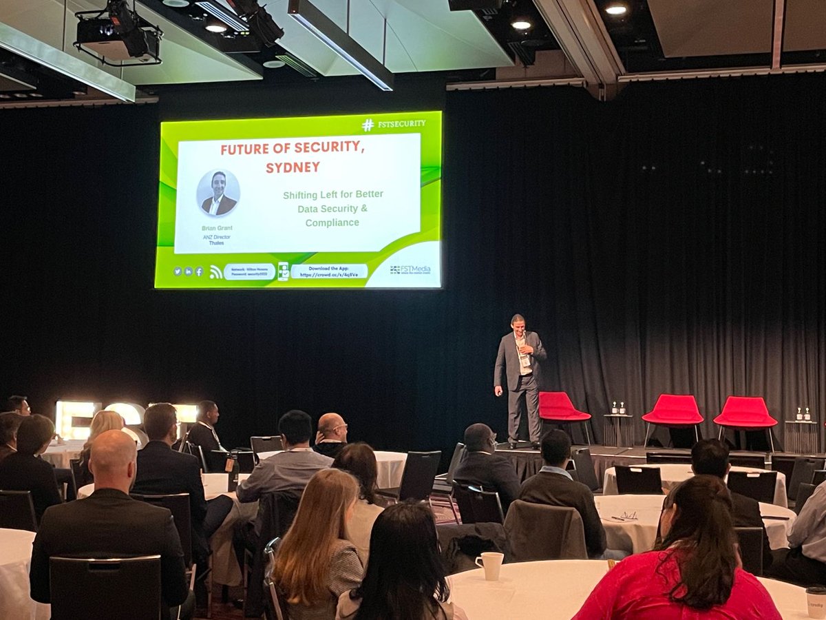 ThalesAustralia's tweet photo. Thales Cloud Security’s Brian Grant discussing what “Shifting left” for #datasecurity looks like and why it doesn’t mean compromising security or compliance at #FSTSecurity in Sydney today.
#EmbedDataSecurity #HowSafeIsYourData @ThalesCloudSec https://t.co/yK9PaTS8uP