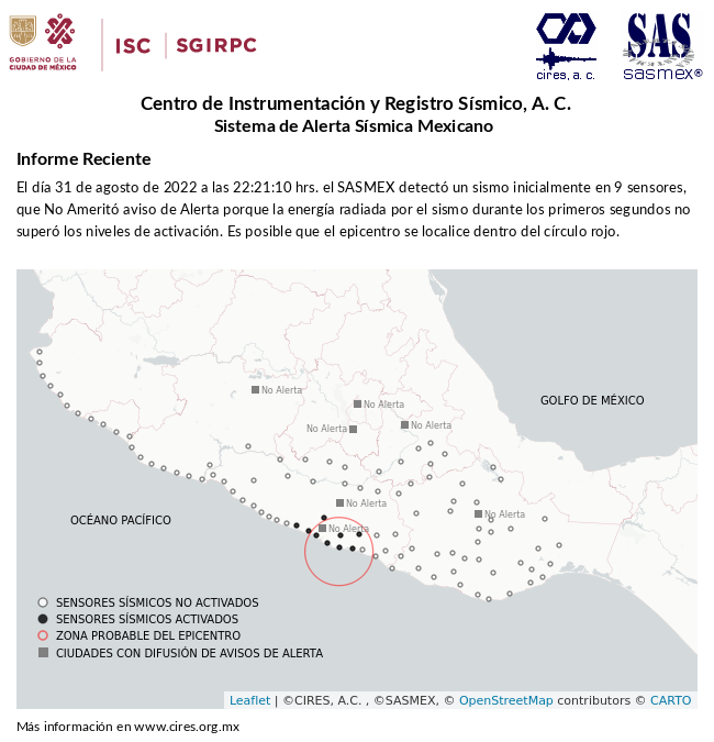 Informe preliminar del #Sismo del 31-ago-22 a las 22:21:10 hrs. Más información en cires.org.mx/reportes_sasme… #TenemosSismo #LaPrevenciónEsNuestraFuerza