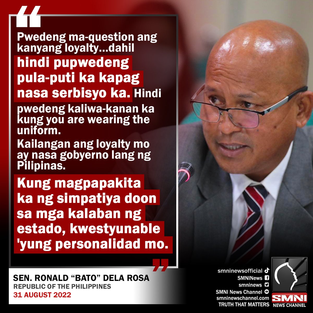 Maaaring matanggalan ng ranggo si Senator Loren Legarda ayon kay Senator Ronald “Bato” dela Rosa matapos magpahayag ito ng pagsuporta sa makakaliwang grupo. (1/2)