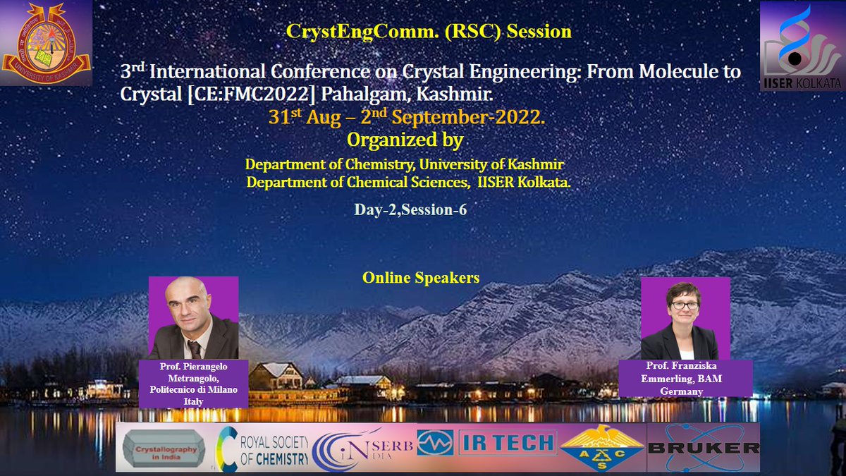 Looking forward to the <a href="/CrystEngComm/">CrystEngComm</a> (RSC) Session with two great talks (online) by <a href="/PierMetra/">Pierangelo</a> and <a href="/FranEmmerling/">Franziska Emmerling</a> 

Day 2 <a href="/3rdcefmckashmir/">3rd CEFMC PAHALGAM(2022)</a>  <a href="/GautamDesiraju/">Gautam R. Desiraju🇮🇳</a> <a href="/cmallareddy/">C Malla Reddy</a> <a href="/aijazpapers/">Aijaz Ahmad Dar</a> <a href="/iiserkol/">IISER Kolkata</a>