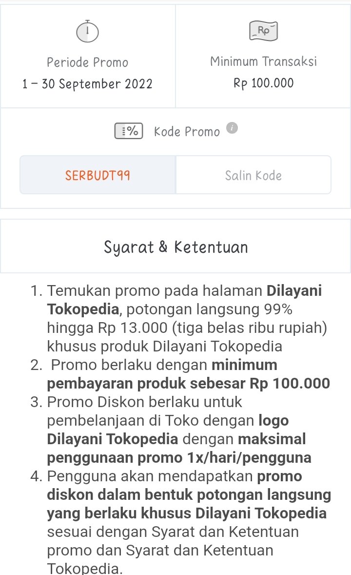re_aruni's tweet photo. Promo kode Tokopedia bulan september:

- GOPAYSEP, cashback 20% minbel 50k, maksimal 20k.
- DISKONDT10, diskon 10k minbel 75k, khusus produk dilayani tokopedia (berlaku tgl 1-14 sep), bisa dipakai 5x perhari
- SERBUDT99 diskon 13k minbel 100k, khusus produk dilayani tokopedia https://t.co/MhnzGxTipr