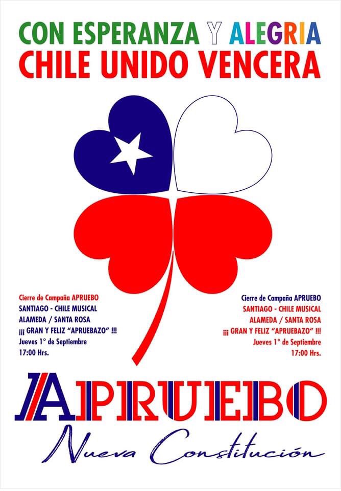 ¡¡¡ GRAN Y FELIZ “APRUEBAZO”, SANTIAGO !!!
¡¡¡ SOMOS PUEBLO CON MEMORIA !!!
ALAMEDA / SANTA ROSA
Jueves 1° de Septiembre - 17:00Hrs.
APRUEBO de Familia en Familia, de Amigo en Amigo, de Conocido en Conocido, de Palabra en Palabra, de Puerta en Puerta. de sembramos el APRUEBO!!