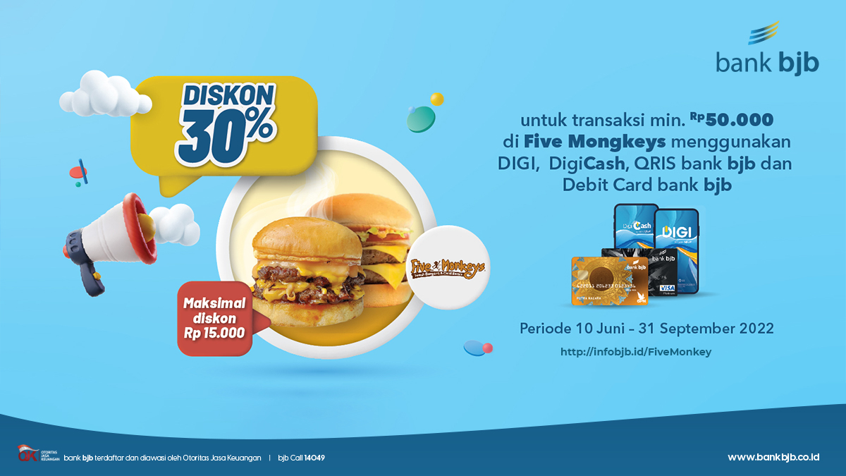 infobankbjb's tweet photo. Makan enak, mengenyangkan dan hemat dalam satu waktu ya cuma di Five Monkeys 

Kamu bisa nih nikmati diskon 30% dengan minimal transaksi Rp.50.000 menggunakan DIGI, DigiCash, QRIS bank bjb dan Debit Card bank bjb 

kamu bisa cek di https://t.co/B2qWnKHFIG 

#bankbjb #fivemonkeys https://t.co/E8piZY6ltk