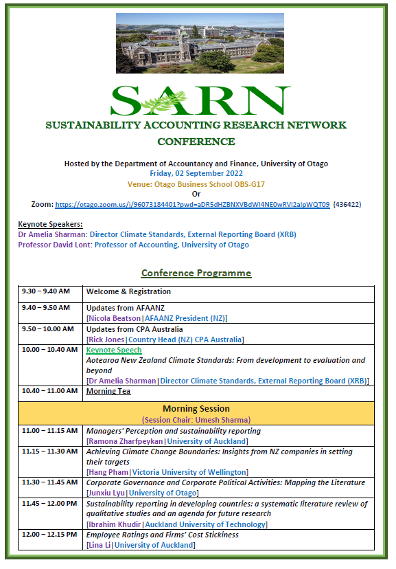 OtagoACFI's tweet photo. The 12th SARN conference will be held at the Otago Business School on 02 September 2022 on the latest developments in the sustainability domain. 
Zoom link: https://t.co/8iG5dO8lcl 
Password: 436422 https://t.co/ZQB0GQZAMO