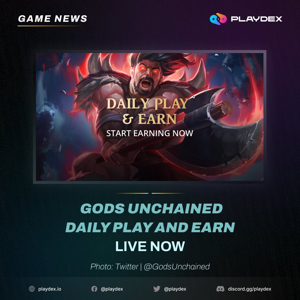 <a href="/GodsUnchained/">Gods Unchained</a> Daily Play and Earn is now live! 🎉

$GODS can now be earned from the first 10 games you win each day! You can even double your points in the first 3 games! 🪙

Play Gods Unchained now and start earning $GODS every day! 

#PlayAndEarn #NFTGame