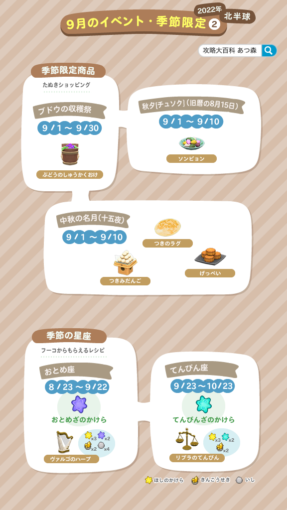 【9月イベントカレンダー】
今月の誕生日カレンダー＆入手アイテムまとめ画像を送ります。

9月＝秋の夜長の季節、フータさん＆フーコさん兄妹は9月生まれなんですね🌟🎑
今月はどんぐり・まつぼっくりアイテムや🥮お月見🍇収穫祭アイテムが入手可能です。
#あつ森 #あつまれどうぶつの森