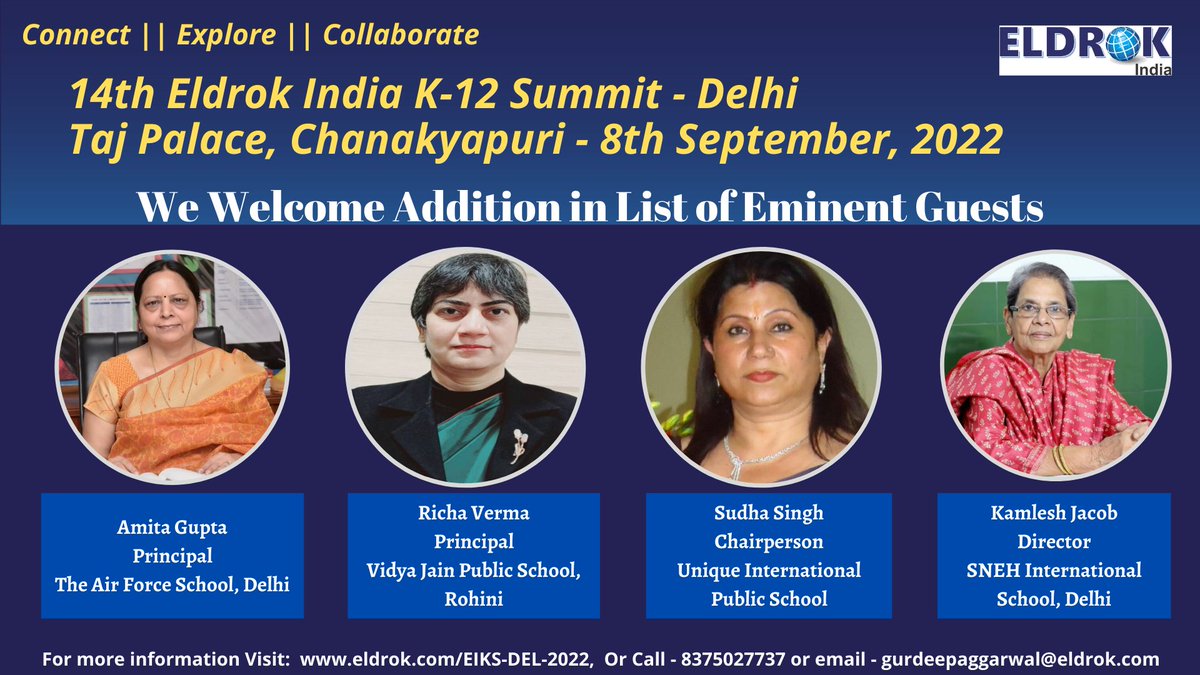 Eiksindia's tweet photo. We are delighted to have #AmitaGupta #RichaVerma #SudhaSingh #KamleshJacob at Eldrok India K-12 Summit || 8th September 2022 || Taj palace, Chanakyapuri - New Delhi
.
.
#EIKSdelhi #tajpalace #schools #delhischools #delhiprincipals #schoolerpsystem #schoolmanagement #delhiedu https://t.co/8HzqrPdr1Y