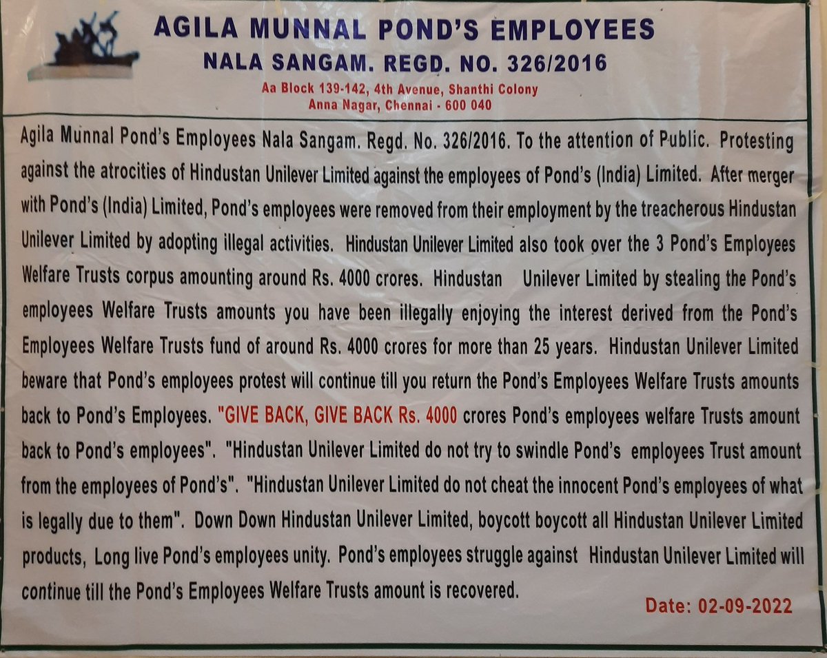 StuartManoj's tweet photo. Give back Pond's Employees Welfare Trust Fund @HUL_News 
Give back what is legally ours. https://t.co/A5aVyqXElg
