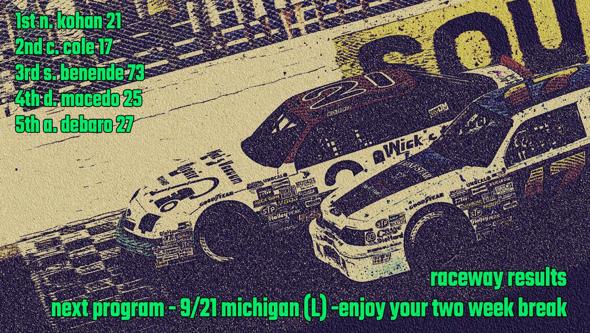 PretendRacing's tweet photo. A photo finish at South Boston leaves a sting for Chad Cole but a checkered flag for Nick Kohan!
We are off for two weeks. Have fun kiddos. Be home by 10. https://t.co/2lGW9ceXwO