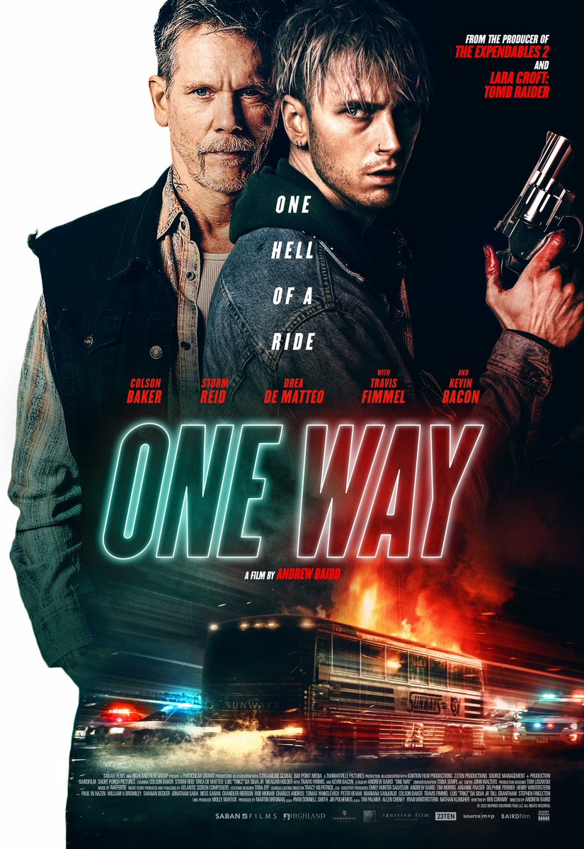 HighlandFilmGrp's tweet photo. BUCKLE UP - This is no smooth ride. See the new international poster for @HighlandFilmGrp’s new #action #thriller #OneWay, starring #ColsonBaker, a.k.a. #MachineGunKelly, (#TheDirt), #KevinBacon (#YouShouldHaveLeft, #PatriotsDays), #TravisFimmel (#Vikings, #RaisedByWolves), https://t.co/P3hzcdSeP7