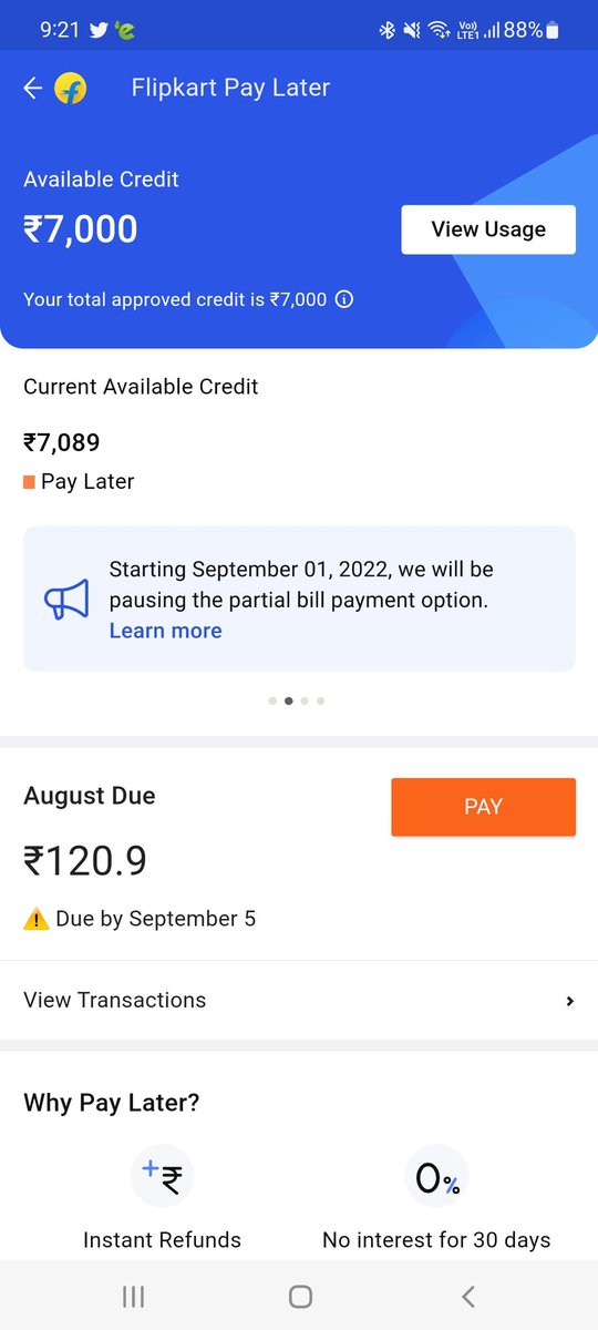 Tushar_onelife's tweet photo. @flipkartsupport Be aware of @Flipkart pay later frauds even after  lots of complain still not get solution yet i have limit of 7k on pay later and i have 7089 credit that means i payed 89 extra more then my credit limit even after showing 120 pending amount hell tired now https://t.co/m4yaNZdeXX