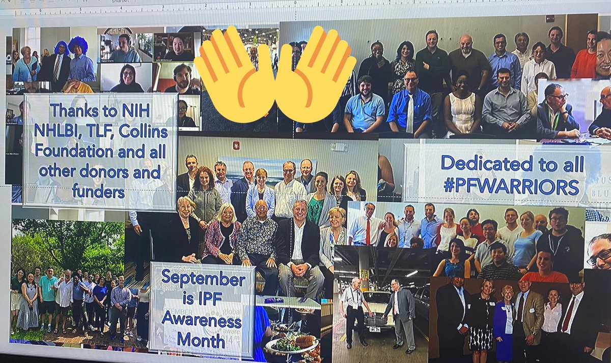 Like always, I finished my #CureIPF talk yesterday, thanking funders @nih_nhlbi @ThreeLakes_TLF & dedicating it to our IPF patients #PFWarriors, telling the story of @Reich_Diane& #BlueUp4PF. 
It felt more special because September is #PFAwarenessMonth #GPFAM2022. 
Do not forget!