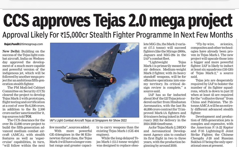 IamRajat_Pandit's tweet photo. After the over Rs 9,000 crore clearance for #Tejas2, CCS nod for the over Rs 15,000 crore project to build 5th-Gen advanced medium combat aircraft (#AMCA), with stealth features & ‘supercruise’ capabilities will follow within the next few months. Truncated Print Version 👇🏼 https://t.co/5lIBTxMbvt