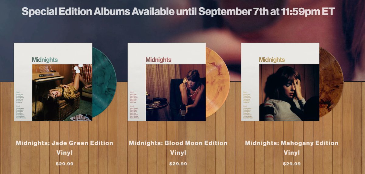 TSVinylUpdates's tweet image. 🔔 NEW VINYL ALERT 🔔

THREE new variants of Midnights have been released on Taylor's US Store! Jade Green, Blood Mood, Mahogany.

⏰ Only available until September 7th

Jade Green 🔗store.taylorswift.com/collections/sp…
Blood Moon 🔗 store.taylorswift.com/collections/sp…
Mahogany 🔗 store.taylorswift.com/collections/sp…