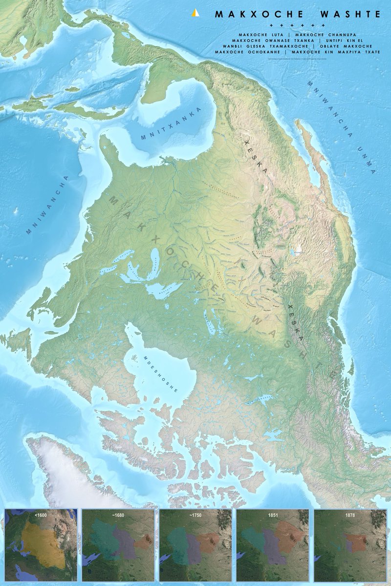 Makxoche Washte, the Beautiful Country: a geography of the Ocheti Shakowin by Dakota Wind. The map details a Dakhóta-Lakȟóta perspective using place names meticulously gathered from winter counts, oral tradition, interviews, maps, and books. Download at: thefirstscout.blogspot.com