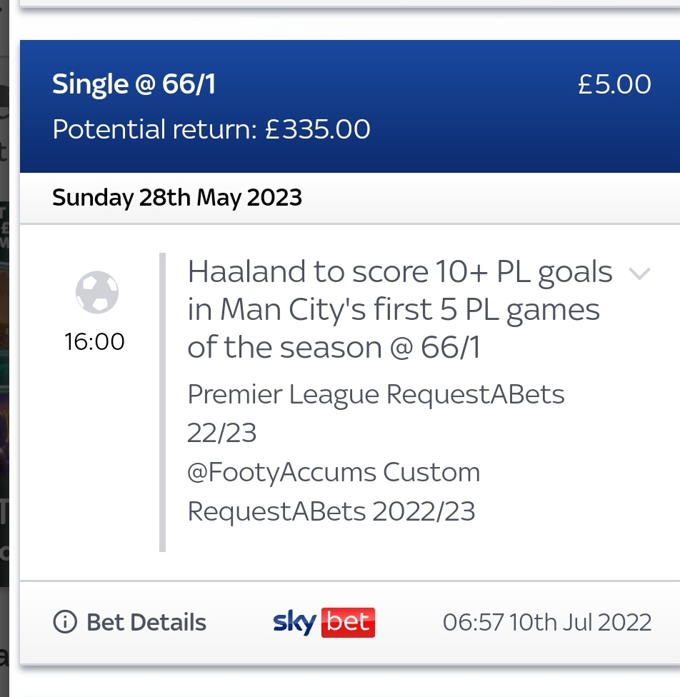 riteshritzpatel's tweet photo. @SkyBet @SkySports please ask Pep why he did not let Haaland play the whole game against forest. 1 goal away from payout #skybet #footballbets #1goal https://t.co/dPqhmgkNVQ