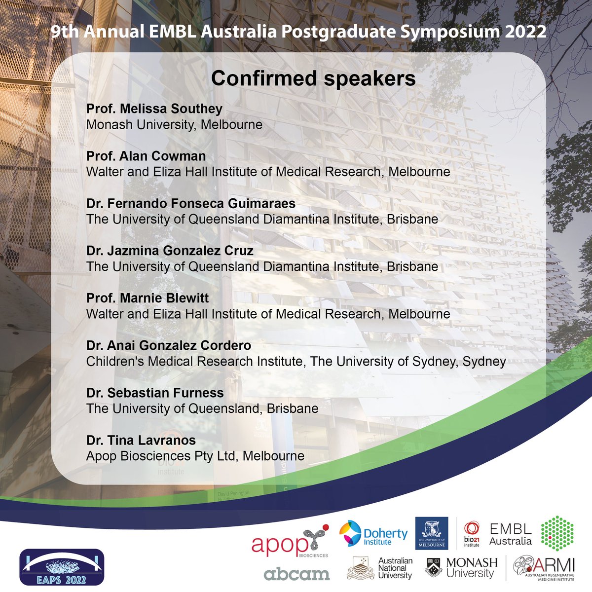 Are you an honours, master or PhD student? 🎓
Registrations are now open for the 2022 EMBL Australia Postgraduate Symposium!
Present your work and take advantage of the early bird registration rates, limited to the first 30 registrants!