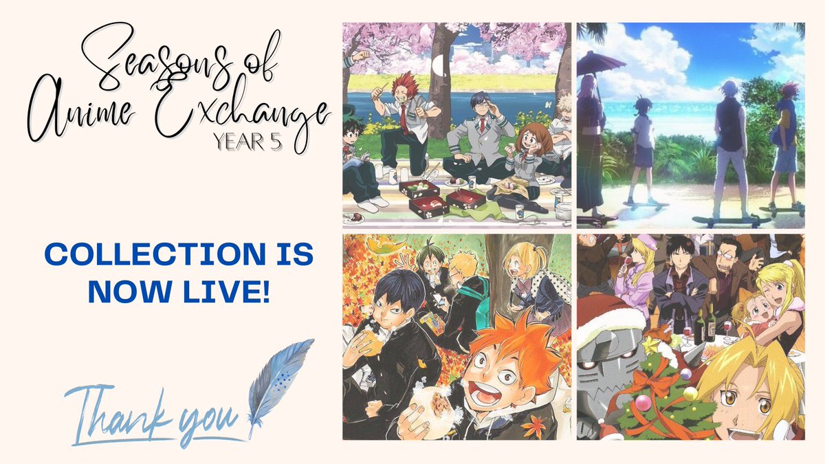 IT'S TIME! The Seasons of Anime Exchange 2022 collection is now live:
➡archiveofourown.org/collections/so…⬅

🙌🎉🎊

Thank you to our 70 participants for their hard work, to the mods who volunteered this year, and to all of you for supporting this event!

Please enjoy ~

#sofa2022