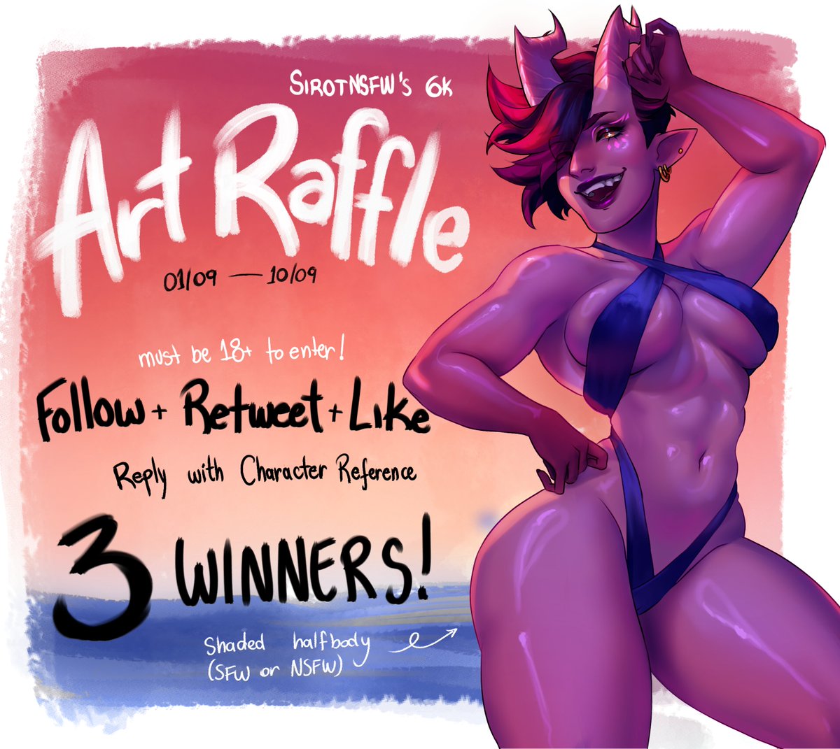 THE ART RAFFLE IS FINALLY HERE!! 🍑🎉
In celebration of 6k, I'll be giving away 3 free art pieces! OCs and Fanart welcome!

//Sept 1 - Sept 10//
Thank you and good luck! 🍀