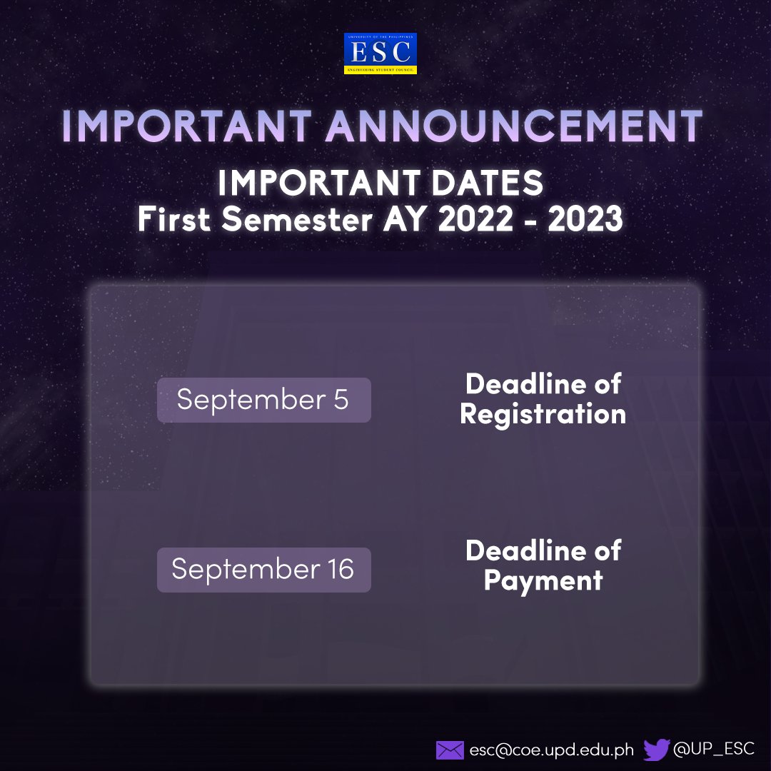 UP_ESC's tweet photo. [EXTENSION OF REGISTRATION AND PAYMENT DEADLINE | FIRST SEMESTER, AY 2022-2023] 

As per the request of UPD USC here are the extended deadlines for the following:

SEPTEMBER 5 | Updated End of Registration Period
SEPTEMBER 16 | Updated Payment Deadline https://t.co/iPG68pgvWw