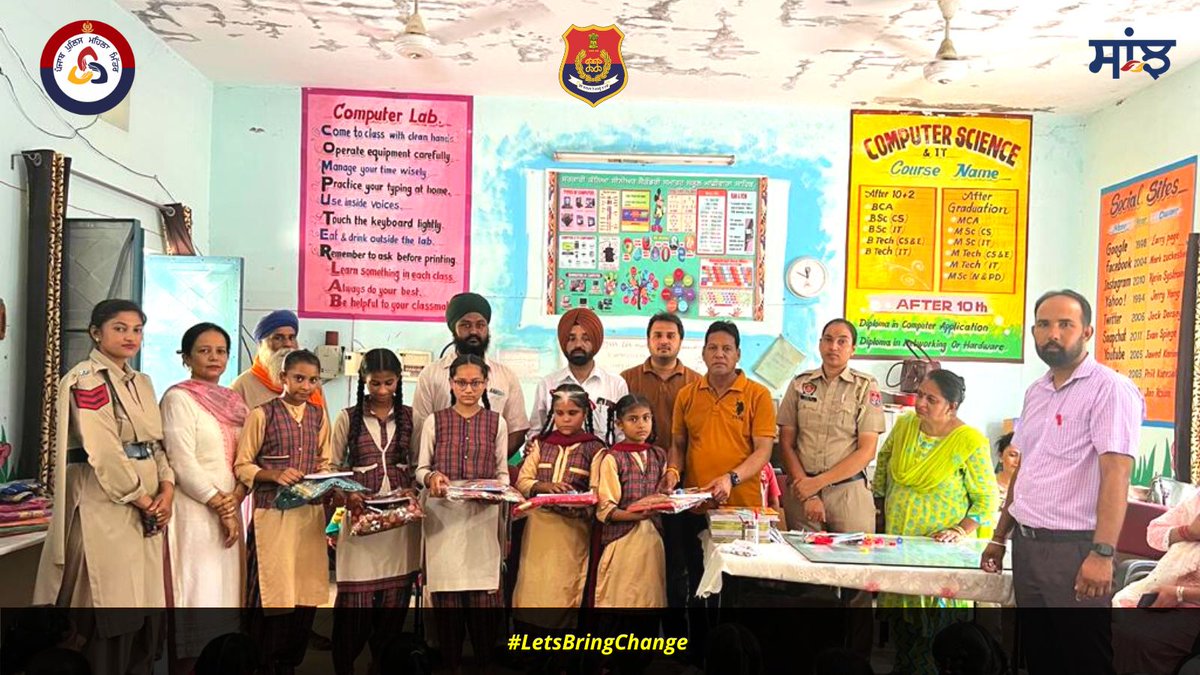 LudhianaRange's tweet photo. Saanjh Kendra and Mahila Mitra Staff Machhiwara Sahib Khanna informed the children in detail about Good Touch - Bad Touch, 181, 112 and the facilities provided by Saanjh Kendra. Suits and stationery were also distributed to the children. #LetsBringChange #SaanjhShakti181 https://t.co/tbmIZxrfEP