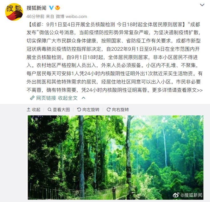 fxtrader's tweet photo. 8月29日，一个ID为“热带雨林”人发布消息称成都要静态管理，于是大家都去囤货。
8月30日，成都警方通报 “热带雨林”佘某某因寻衅滋事，被处以行政拘留15日。
9月1日，成都18时起全体居民原则居家。
👀搜狐新闻选了张热带雨林风景作配图
网友玩梗：今年成都商场销冠——热带雨林 https://t.co/Vc0WIEe09d