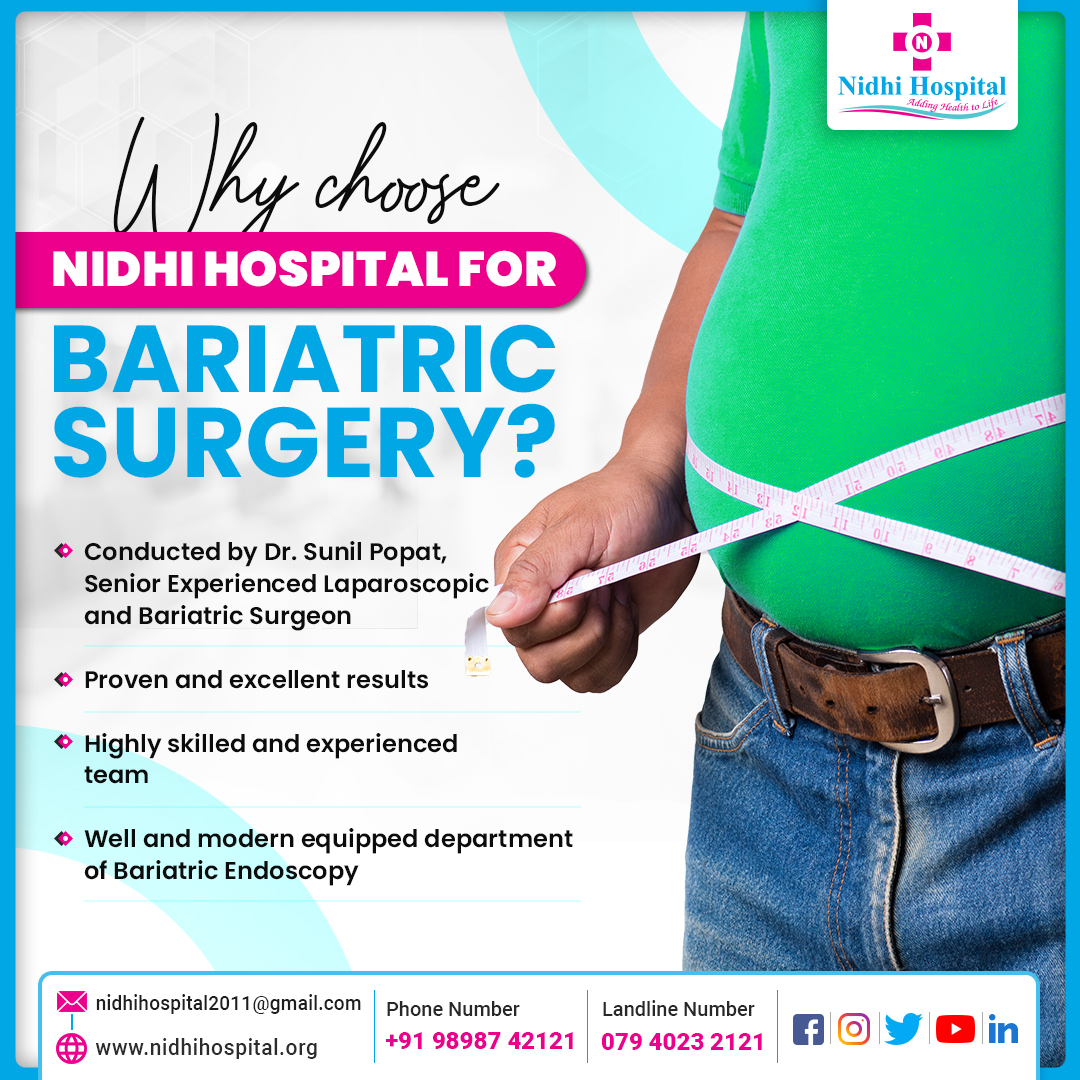 Exercise and diet alone often fail to effectively treat people with excessive obesity. #BariatricSurgery is an operation that is performed in order to help such individuals lose weight.
Consult Best Bariatric Surgeons at #NidhiHospital on 079-40232121 or +91 9898742121.