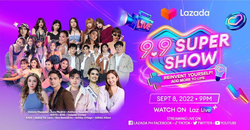 LazadaPH's tweet photo. Makikisaya sina @Rurumadrid8, @bgyo_ph, @BINI_ph, Miss Universe Philippines 2022 @CelesteCortesi, and more this #Lazada99SuperShow! 😍

Catch them on SEPT 8, 9PM on #LazLivePlusPH 
👉 https://t.co/QuUifjAxn9

#LazadaPH99  #LazadaMegaBrandsSale  #Lazada99 https://t.co/MVItjjTyEe