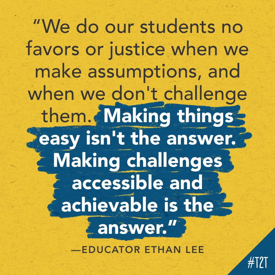 teacher2teacher's tweet photo. "I had a 'non-honors' science class, full of students folks make assumptions about. 

"But I treated them like AP and honors students, and they completed homework, read articles, debated, wrote papers and learned 'hard' math. 

"They rose to the challenge." —Educator Ethan Lee https://t.co/frk6VqWmFV