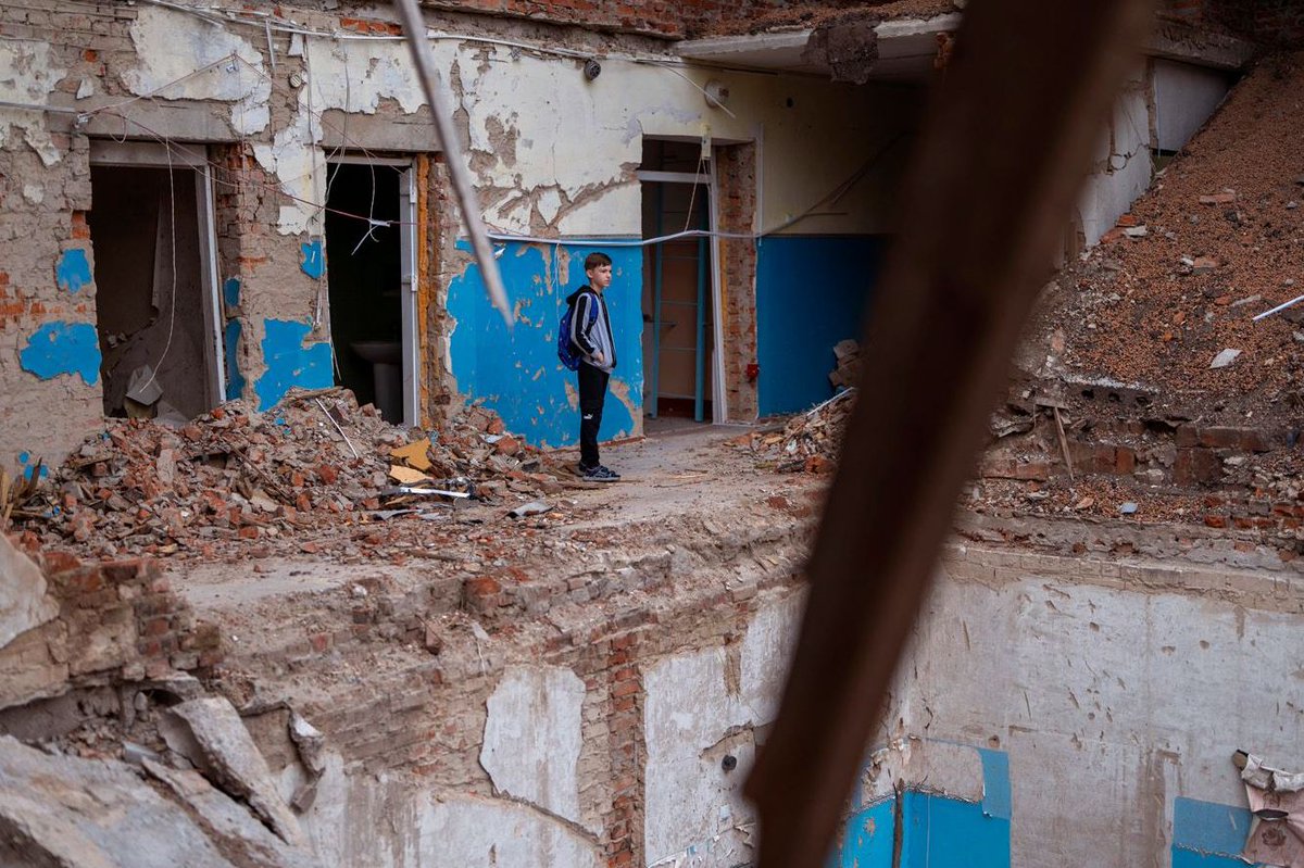 zav_raya's tweet photo. Children who studied at school No. 21 and the lyceum named after Mikhail Kotsiubinsky in Chernihiv. The school building was badly damaged by rocket attacks on March 3, the lyceum was shelled on March 4. #Ukraine️ #RussianWarCrimes #RussiaIsATerroristState #RussianAggression https://t.co/iGyL1yqWLN