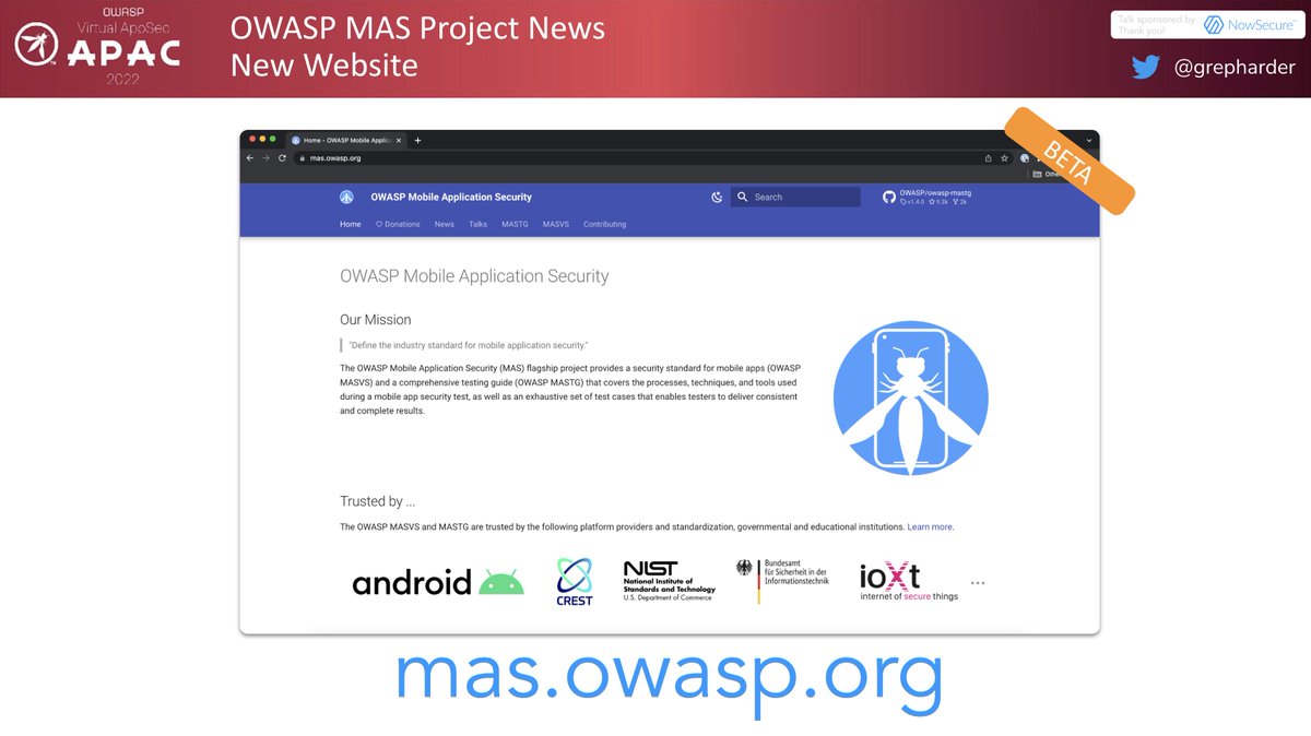 OWASP Mobile App Security (@owasp_mas) on Twitter photo <a href="/grepharder/">Carlos Holguera</a> shared lots of NEWS today @OWASP AppSec APAC, one of them was ..
🎉 Our brand new website!
You can access all our info and read the MASTG/MASVS from it. Everything MAS in one place.
mas.owasp.org <a href="/grepharder/">Carlos Holguera</a> shared lots of NEWS today @OWASP AppSec APAC, one of them was ..
🎉 Our brand new website!
You can access all our info and read the MASTG/MASVS from it. Everything MAS in one place.
mas.owasp.org
