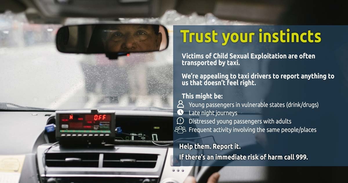 DerbysPolice's tweet photo. As part of our #OpAidant campaign, we're appealing to taxi drivers in Derbyshire to report any concerns about Child Sexual Exploitation.
For the full details, including how to #SpotTheSigns please see the read the story π https://t.co/CtnPI0k8u3 https://t.co/hlhvU7HW9m