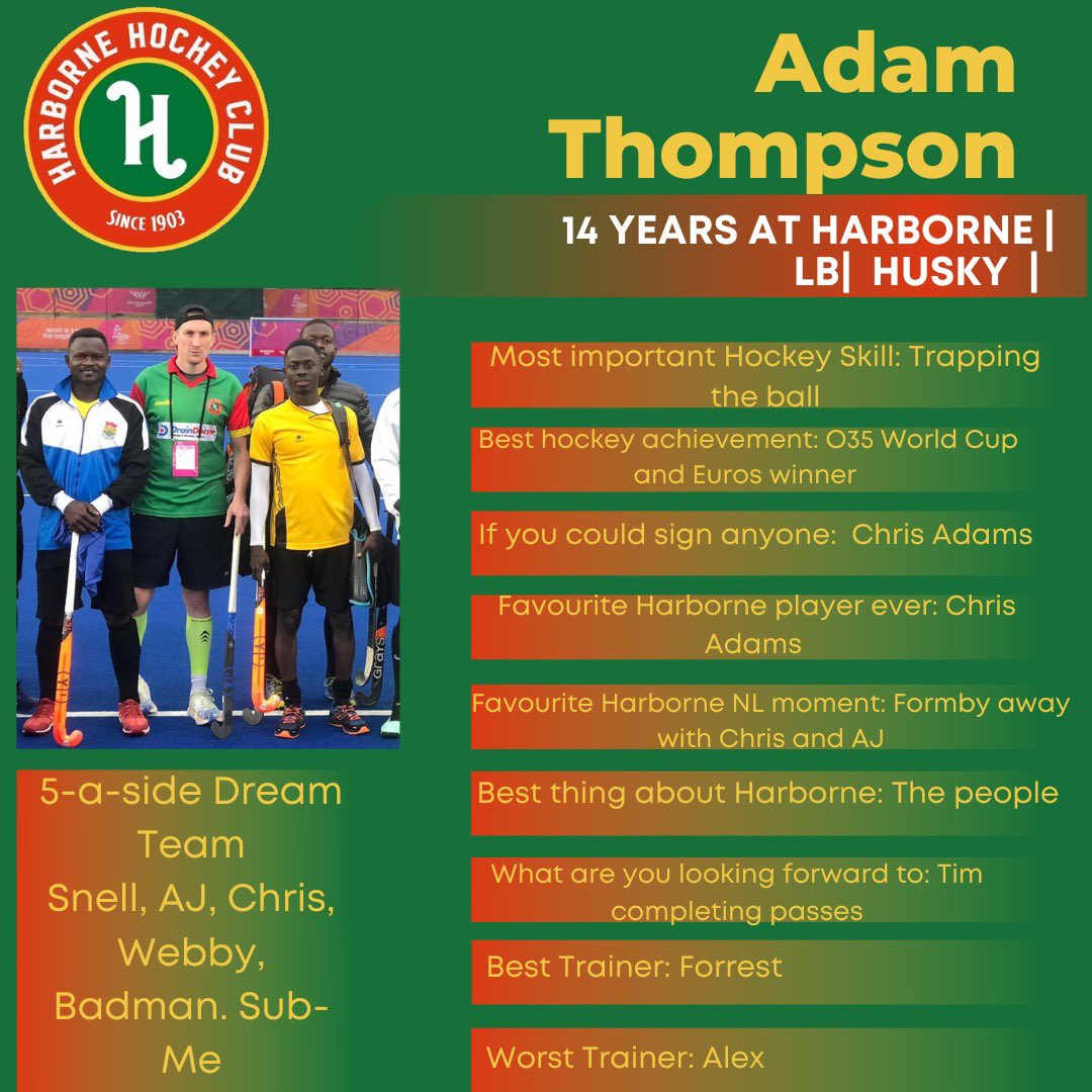 HarborneHC's tweet photo. Up today is the second of our World Cup winners. He’s played with every team in the club, held a number of positions ,his “tactics” sessions are a thing of beauty and he still doesn’t give the simple ball. It’s Thommo!
@AdamjThomo
#bleedgreen #HHCM1 https://t.co/5Y4VQGmm2j