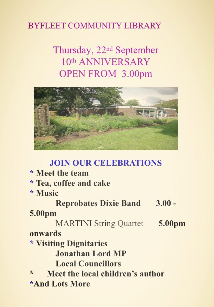 ByfleetLibrary's tweet image. Our 10th Anniversary celebrations are getting closer! Why not put the date in your diary!
