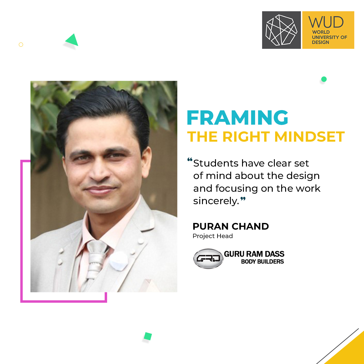 Puran Chand, Project Head at Guru Ram Dass, Sonepat talks about the quality of work &amp; subject expertise of students from #WUD. CAAS made their #HiringProcess easier &amp; they look forward to more design &amp; art professionals from here. 

#CampusRecruitment #DesignUniversity #Sonipat