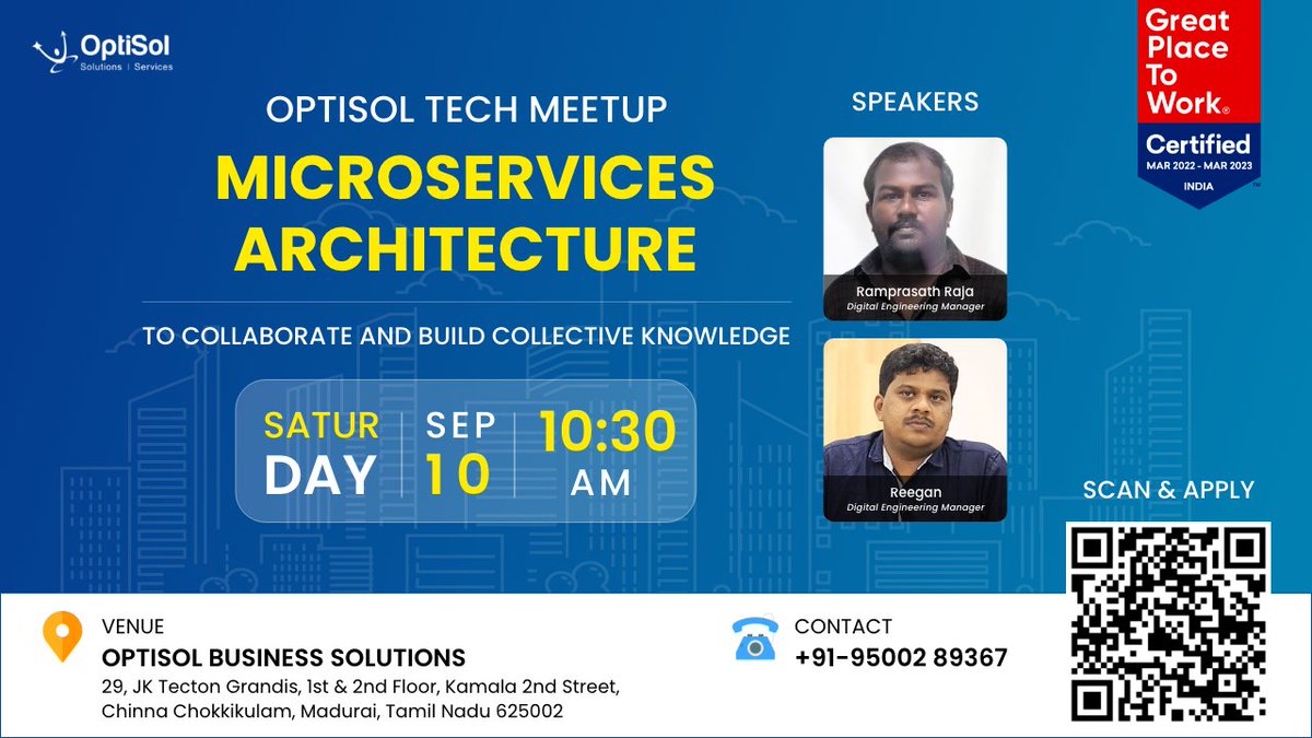 OptiSol's tweet photo. We at OptiSol believe in collaborating and building collective knowledge together. So, OptiSol Madurai presents Tech Meetup on “Microservices Architecture” at Madurai 

To Register: https://t.co/jPQVO7LPnx

#optisol #madurai #techtalk #microservices https://t.co/kgqKPuajwN