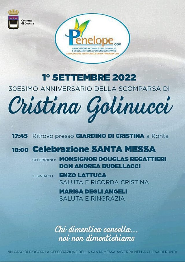 chilhavistorai3's tweet photo. “Cristina Golinucci, 30 anni senza verità”: Oggi evento a #Ronta con la mamma Marisa, nell’anniversario della scomparsa della ragazza uscita per andare al convento dei Cappuccini di #Cesena l’#1settembre 1992. Sabato a #Cesena con Penelope.
#chilhavisto→https://t.co/OOFcYKMwtK https://t.co/SNnRqPCsC3