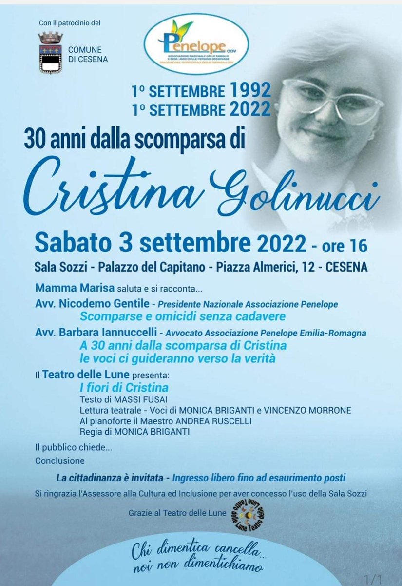chilhavistorai3's tweet photo. “Cristina Golinucci, 30 anni senza verità”: Oggi evento a #Ronta con la mamma Marisa, nell’anniversario della scomparsa della ragazza uscita per andare al convento dei Cappuccini di #Cesena l’#1settembre 1992. Sabato a #Cesena con Penelope.
#chilhavisto→https://t.co/OOFcYKMwtK https://t.co/SNnRqPCsC3
