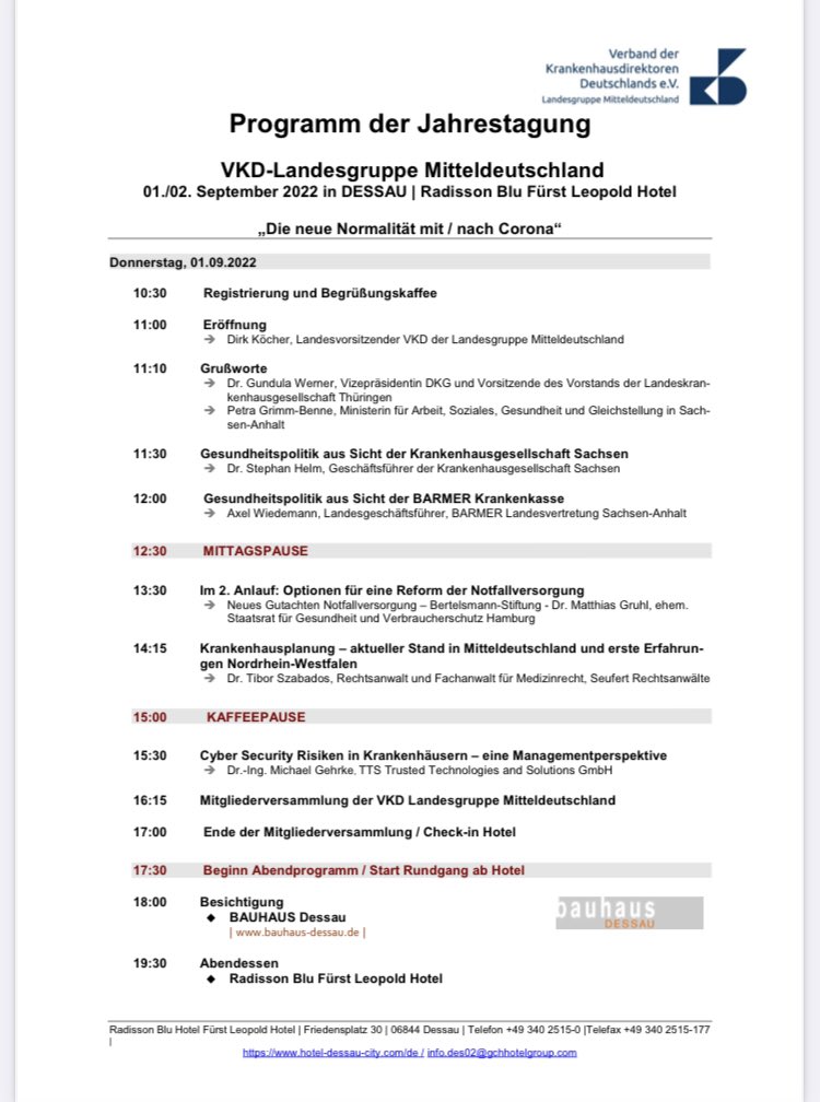 szabados_tibor's tweet photo. Heute Jahrestagung des Verbandes der Klinikdirektoren Deutschland (VKD e.V.)- Mitteldeutschland. Das #Krankenhaus in der neuen Normalität mit/nach Corona, u.a. zur neuen #Krankenhausplanung #NRW, welche heute an den Start geht. https://t.co/FtrXsLukdz