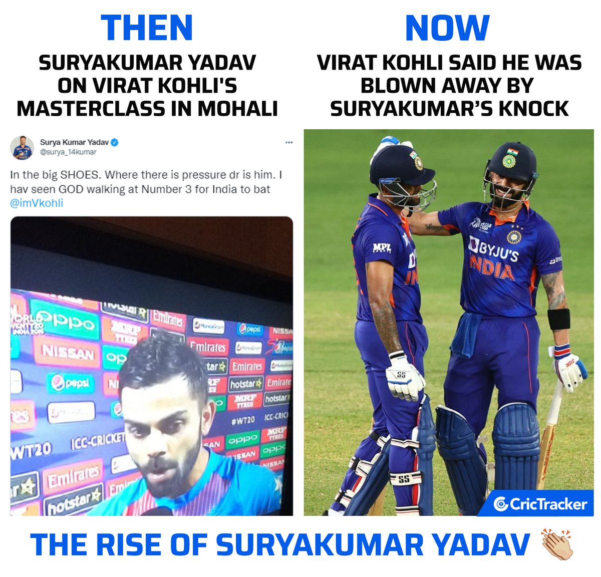 Cricketracker's tweet photo. How time changes!

#ViratKohli #SuryakumarYadav #AsiaCup2022 https://t.co/WFzSUFi2J7