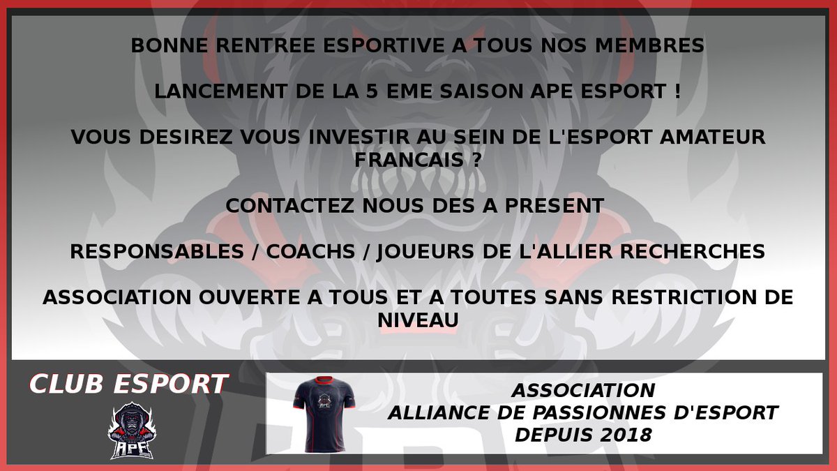 🔥It's the day 

🐒Saison 5 #esport APE

😎Suivez nos futures annonces de recrutement

💯Un projet ou envie de rejoindre des amateurs passionnés ? Nos DM sont ouverts

✌️Bonne rentrée aux entreprises nous fournissant leurs services <a href="/helloasso/">HelloAsso</a> <a href="/Azerus_co/">Azerus</a> <a href="/CaissEpargneAL/">Caisse d'Epargne Auvergne Limousin</a> <a href="/MAIF/">MAIF</a>