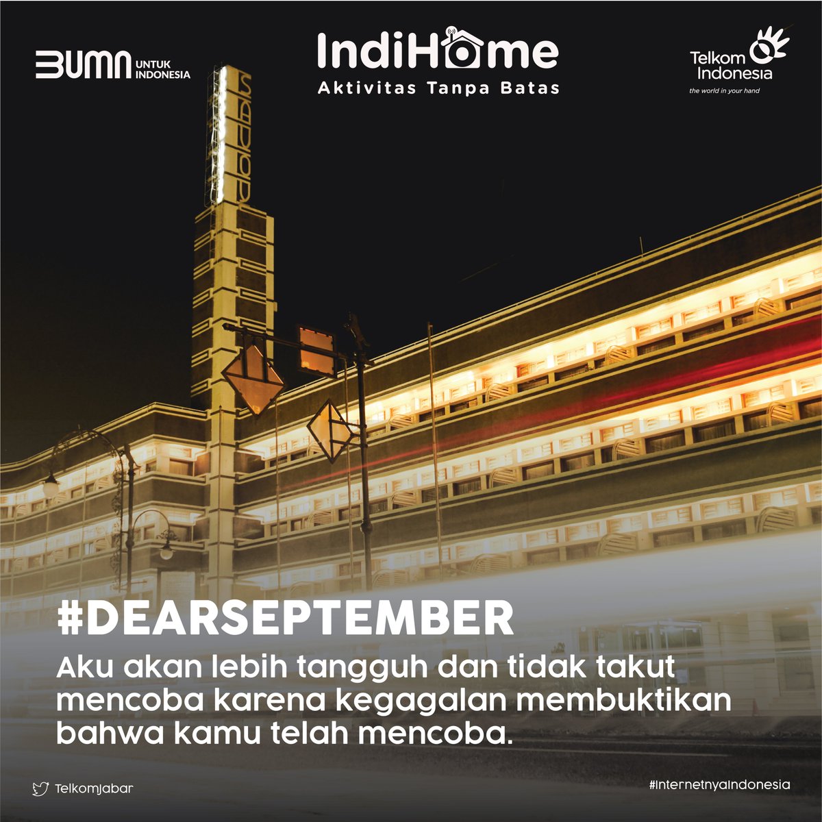 TelkomJabar's tweet photo. Semoga kita semua bisa lebih tangguh kapan pun dan dimanapun dan jangan pernah takut untuk mencoba Sob! 🥰
#DearSeptember #IndiHome #AktivitasTanpaBatas https://t.co/55f8hRcRVu
