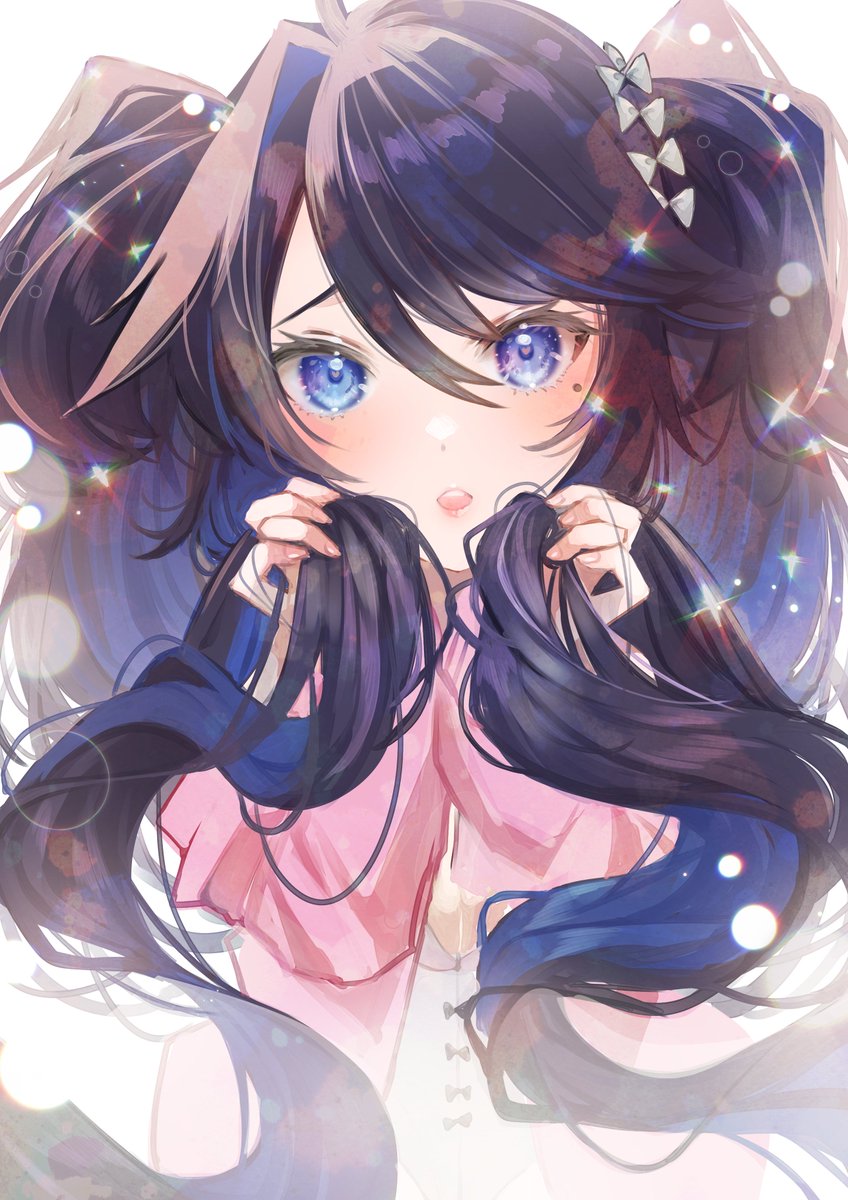 1girl blue eyes solo holding hair mole under eye twintails long hair  illustration images